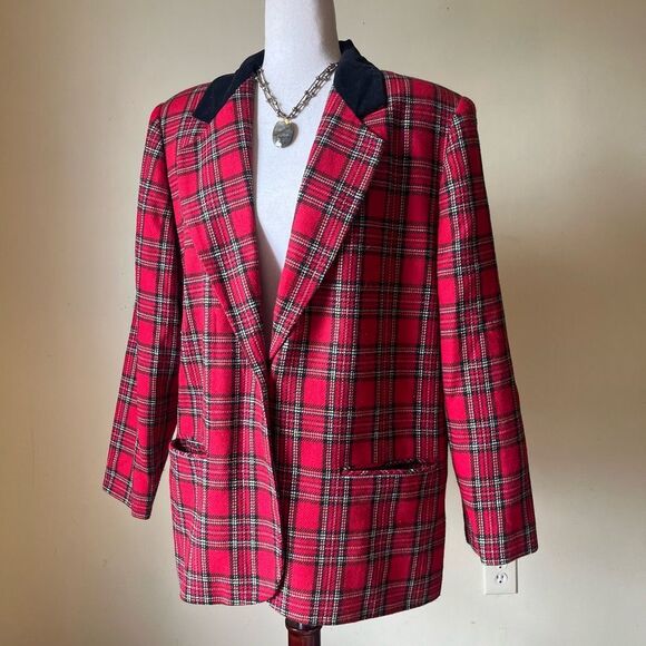 Vintage 90s Blazer Jacket Red Tartan Plaid Wool Blend Velvet Collar Size Large - Picture 4 of 8